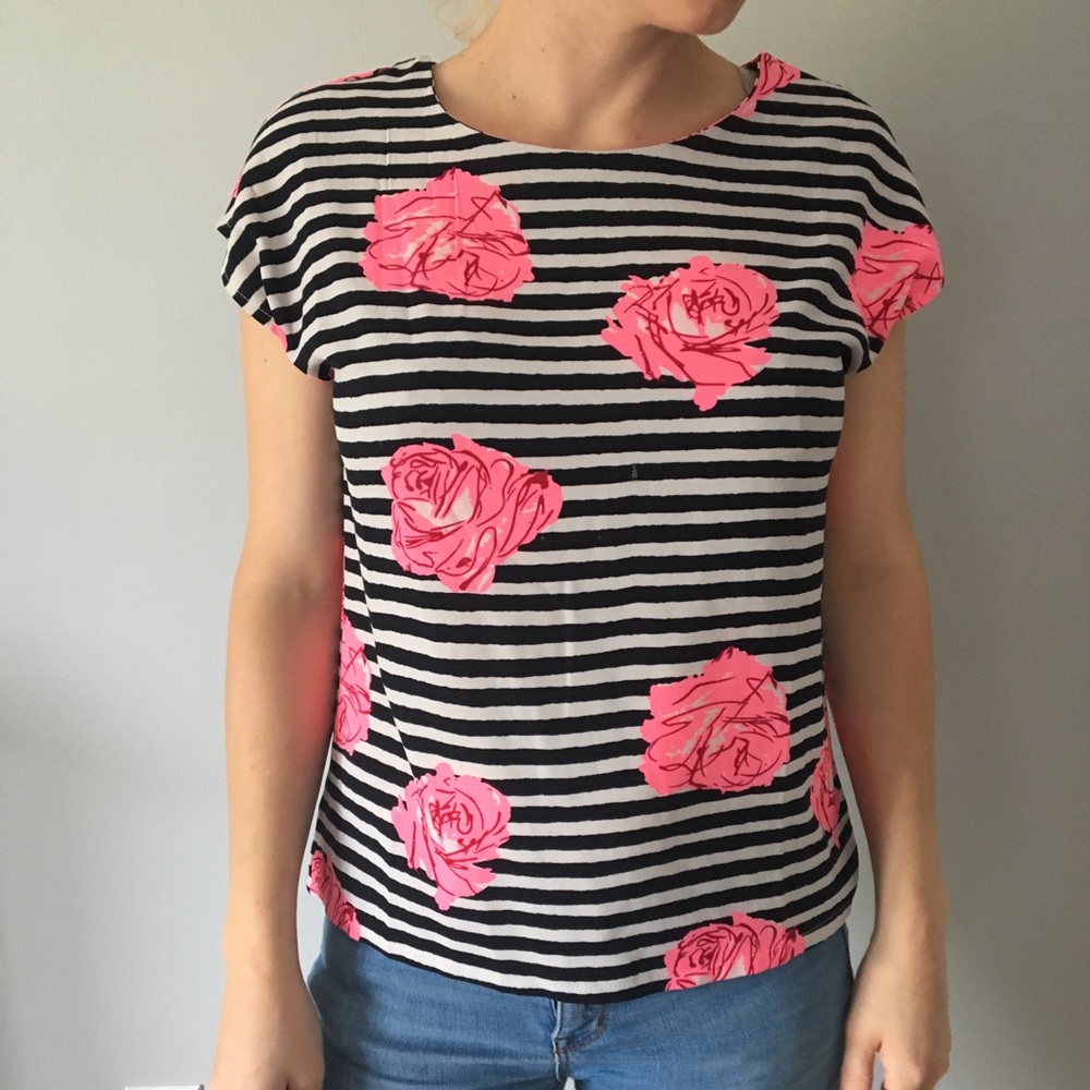 Black and white striped top with pink roses
